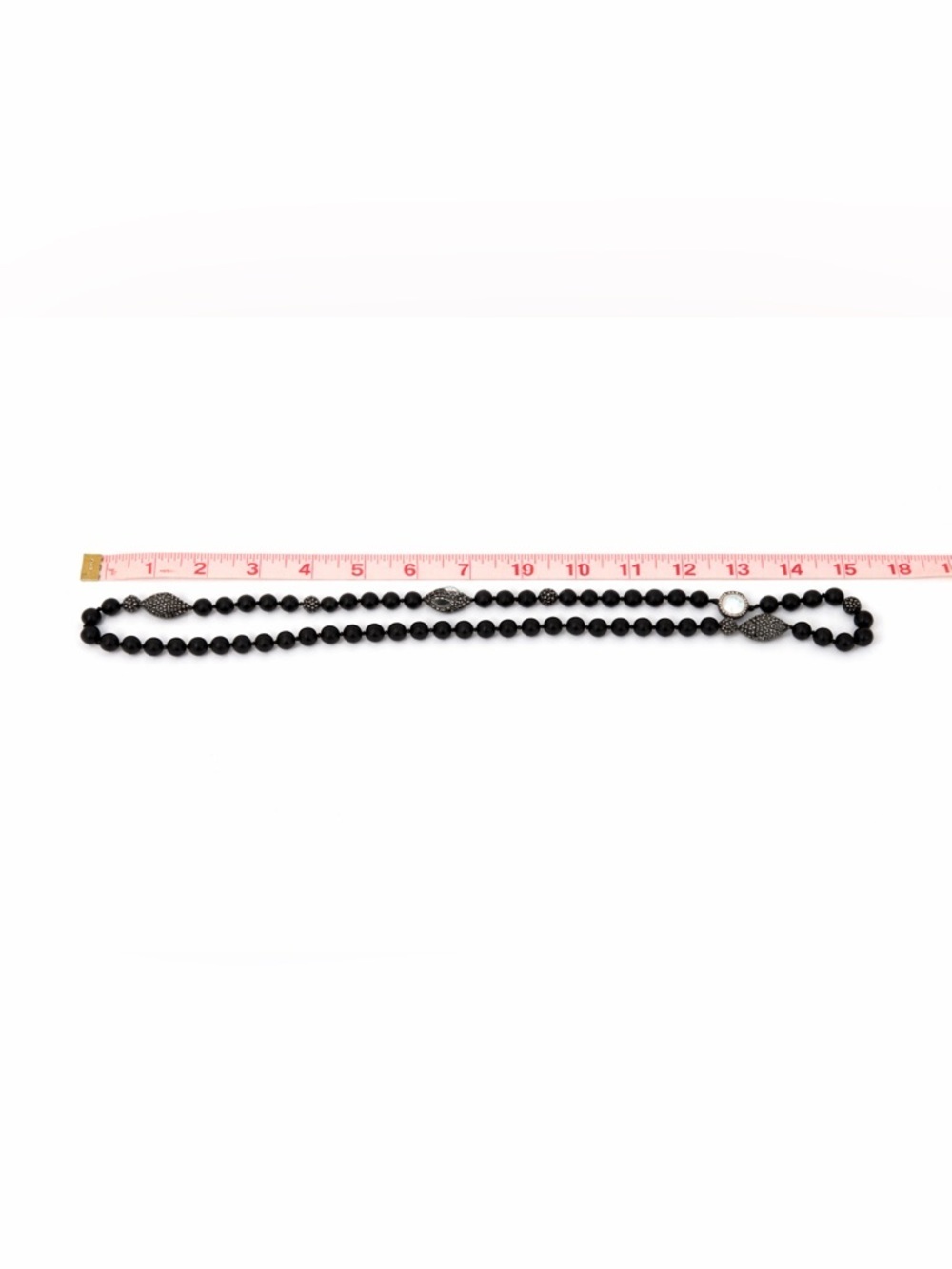Black Stone Beaded Necklace Pavé Crystal Accents Long - Picture 3 of 5